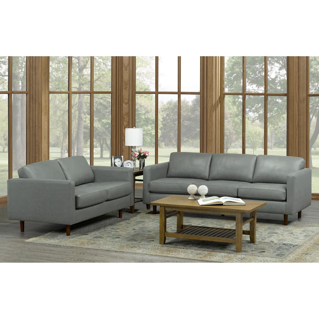 Booker Mid Century Modern Grey Top Grain Italian Leather Tufted Sofa and Loveseat