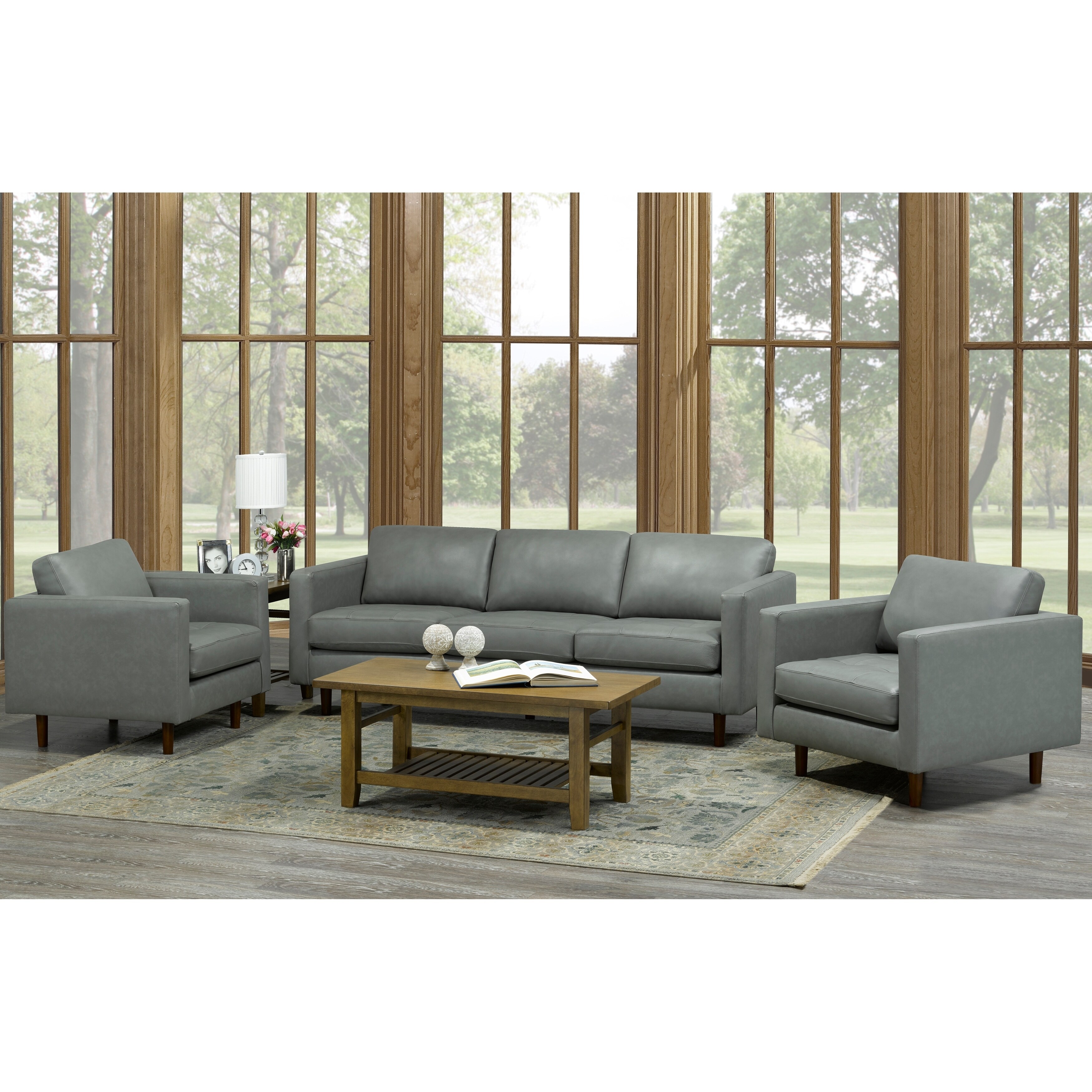 Booker 3 Piece Grey Top Grain Leather Living Room Set Overstock 20847566