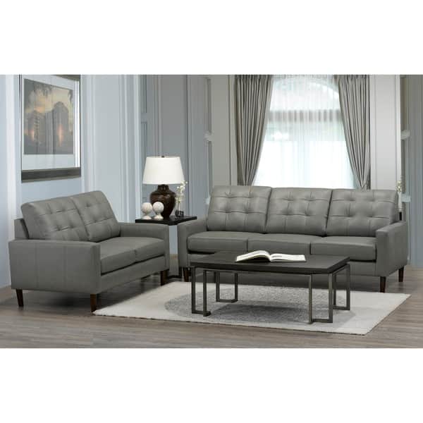 Colt Mid Century Modern Grey Top Grain Italian Leather Tufted Sofa and