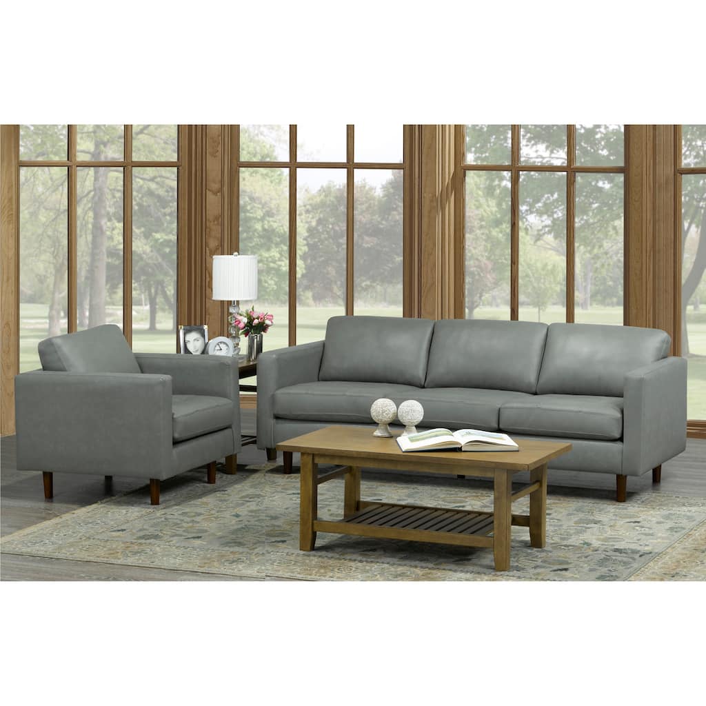 Booker Mid Century Modern Grey Top Grain Italian Leather Tufted Sofa and Chair