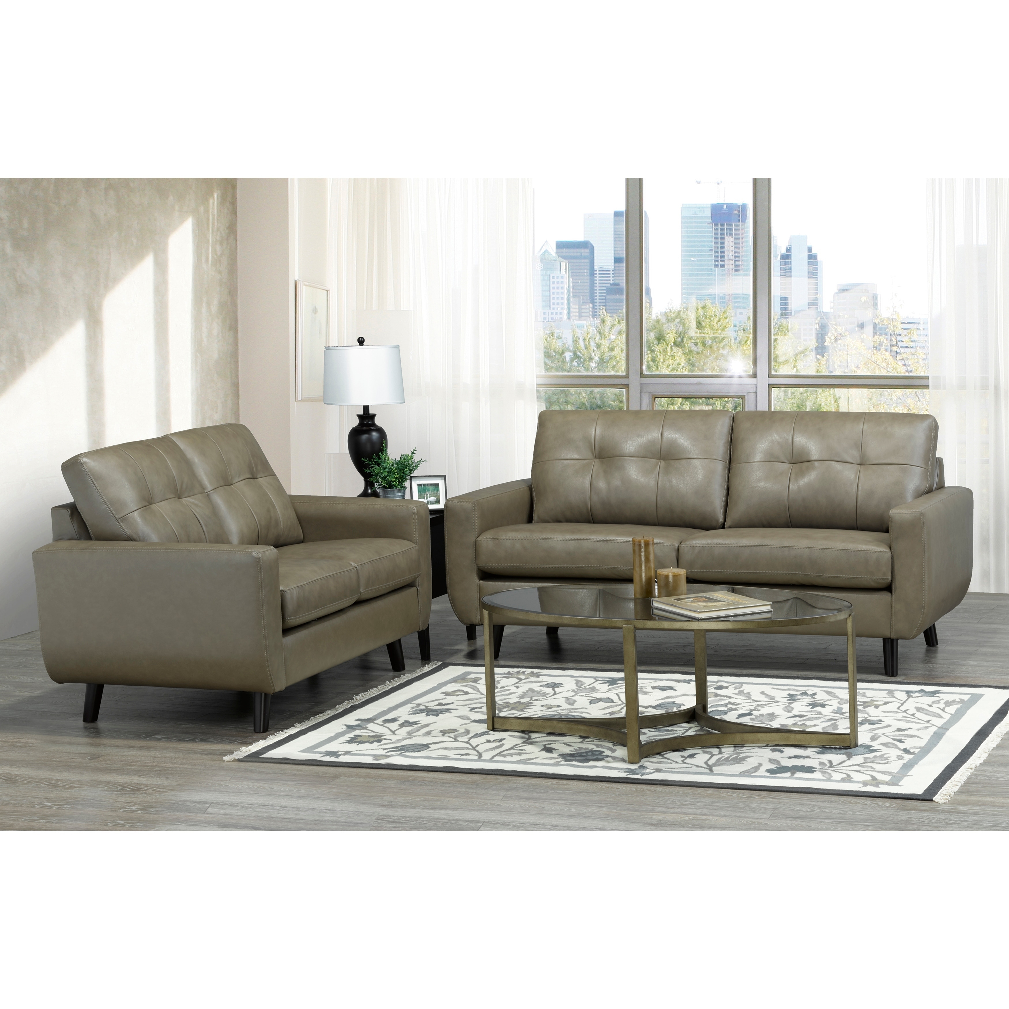 Maisie Mid Century Modern Moss Green/Grey Top Grain Italian Leather Tufted Sofa and Loveseat