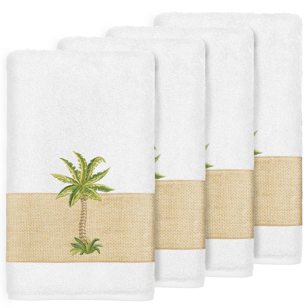 Authentic Hotel and Spa Turkish Cotton Palm Tree Embroidered White Bath Towels (Set of 4)