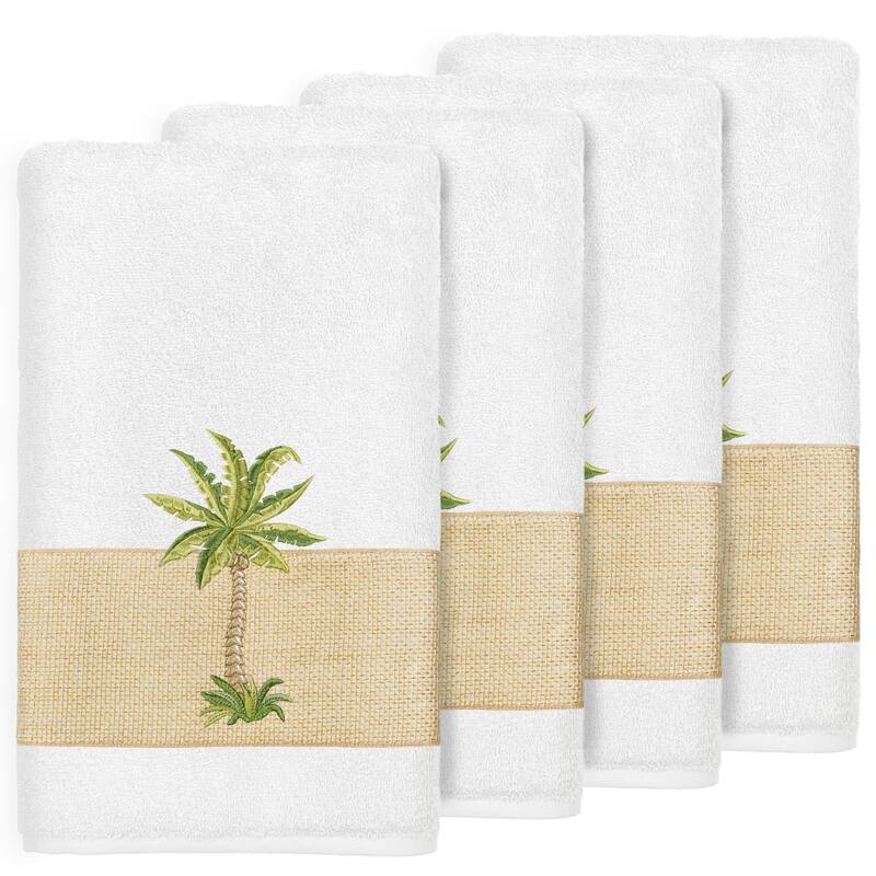 Authentic Hotel and Spa Turkish Cotton Palm Tree Embroidered White Bath Towels (Set of 4)