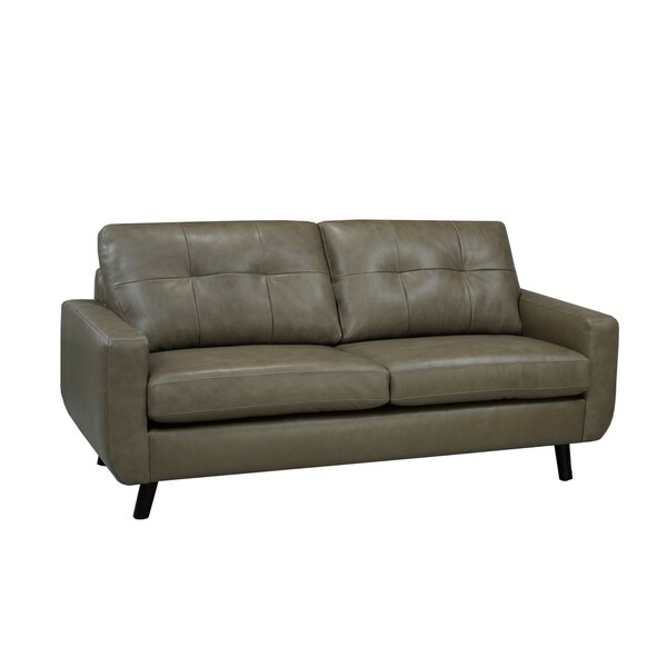 Maisie Mid Century Modern Moss Green Grey Top Grain Italian Leather Tufted Sofa