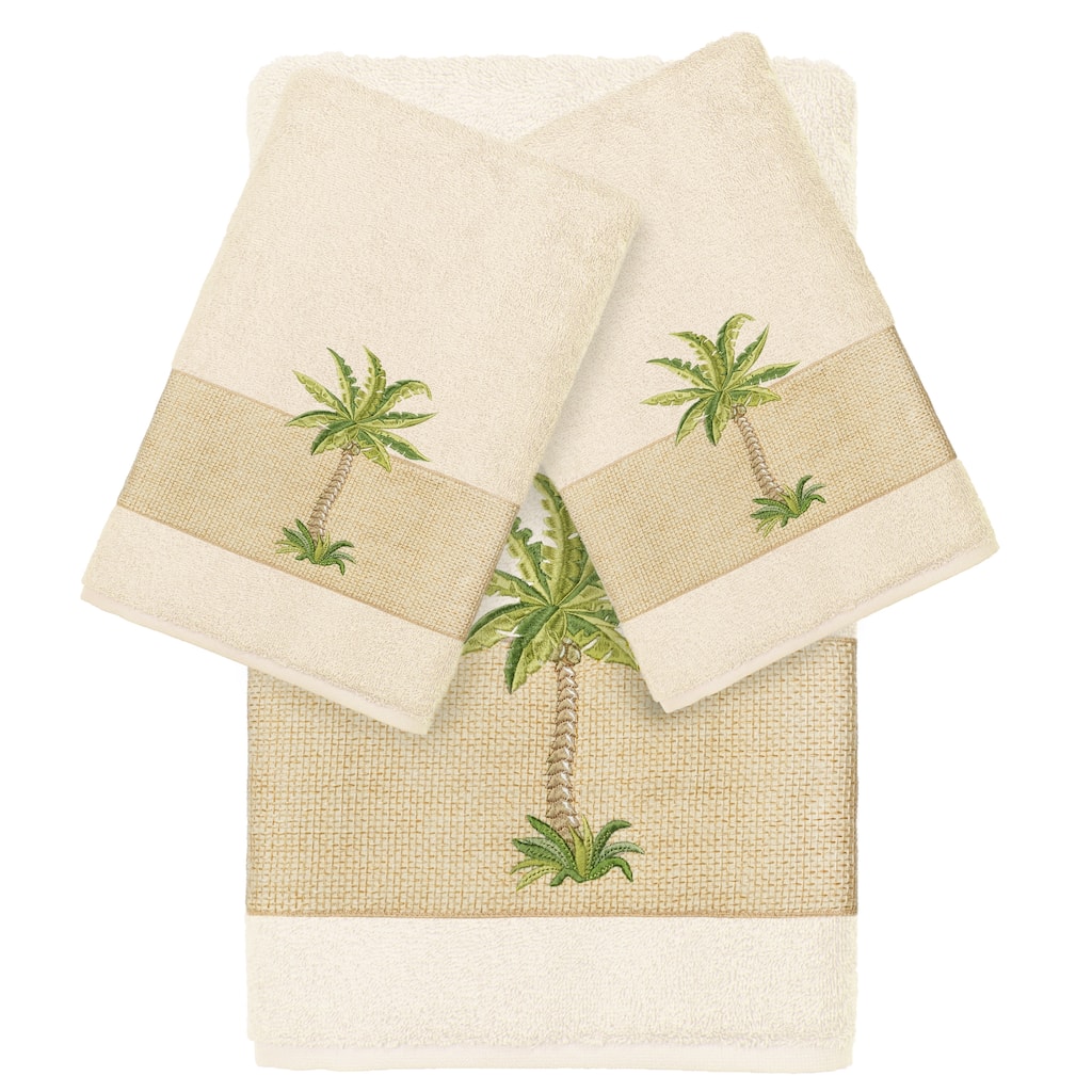 Authentic Hotel and Spa Turkish Cotton Palm Tree Embroidered Cream 3-piece Towel Set
