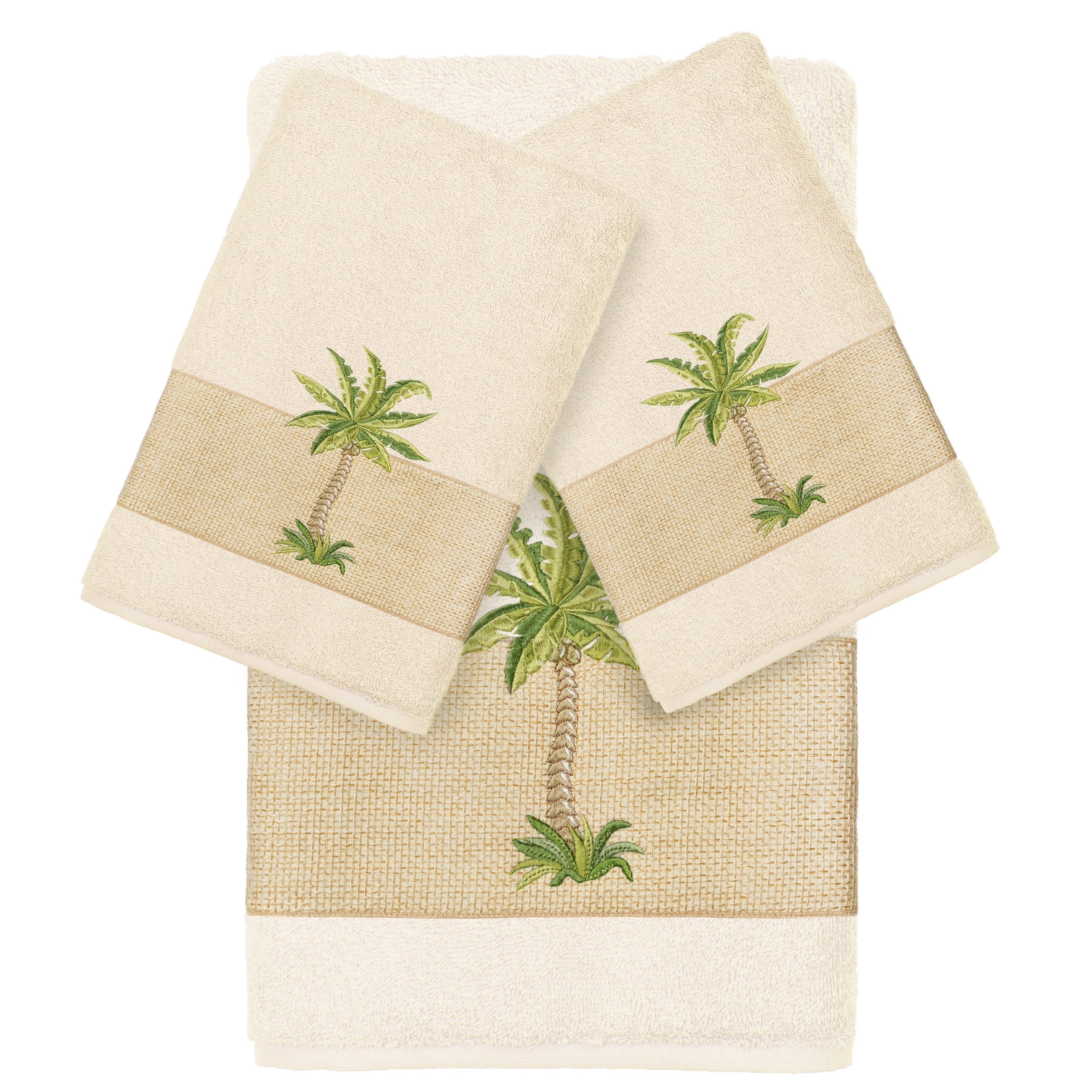 Authentic Hotel and Spa Turkish Cotton Palm Tree Embroidered Cream 3-piece Towel Set