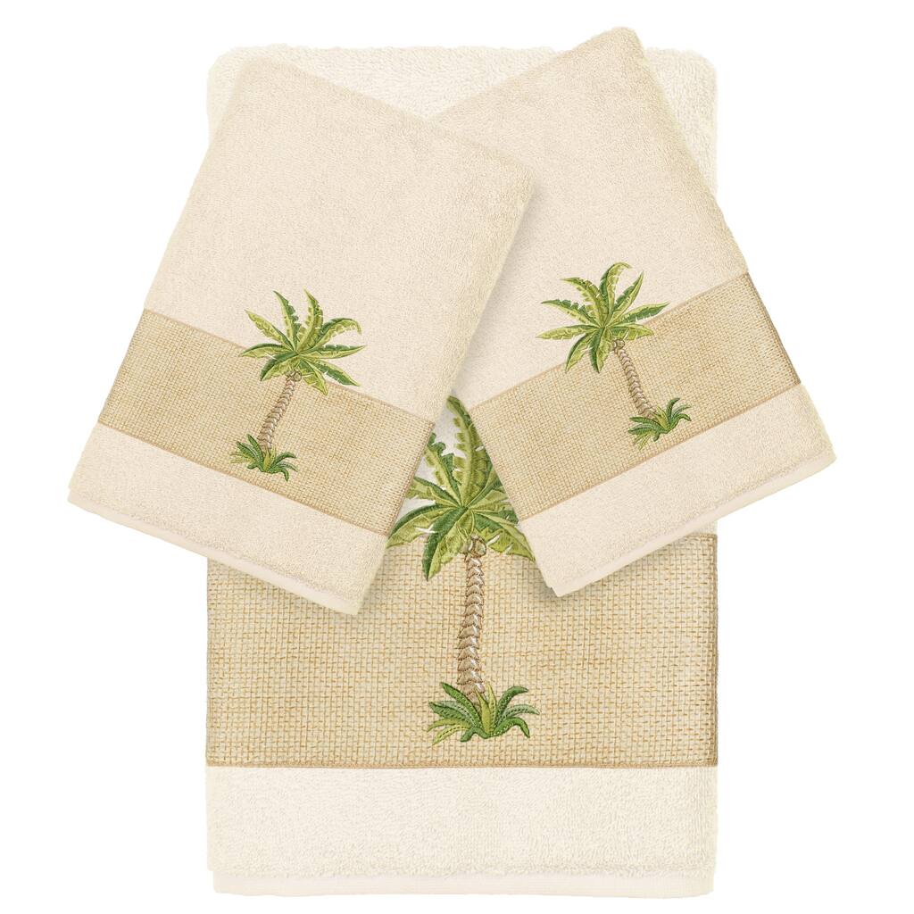 Authentic Hotel and Spa Turkish Cotton Palm Tree Embroidered Cream 3-piece Towel Set
