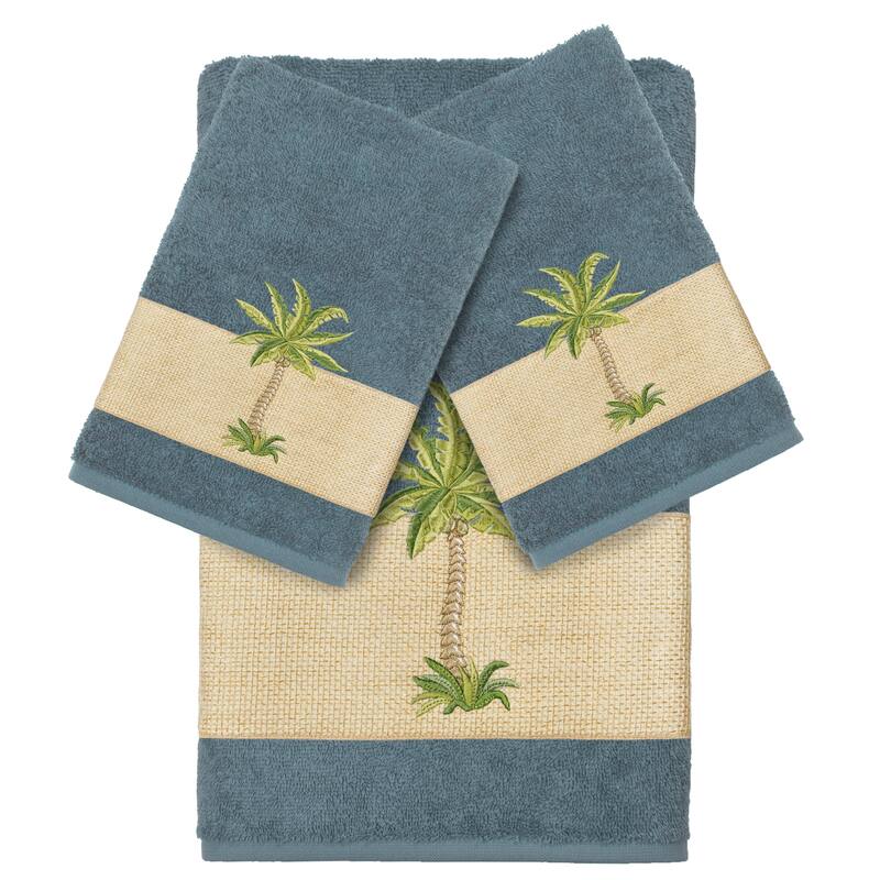 Authentic Hotel and Spa Turkish Cotton Palm Tree Embroidered Teal 3-piece Towel Set