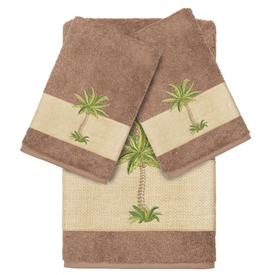 Authentic Hotel and Spa Turkish Cotton Palm Tree Embroidered Latte Brown 3-piece Towel Set
