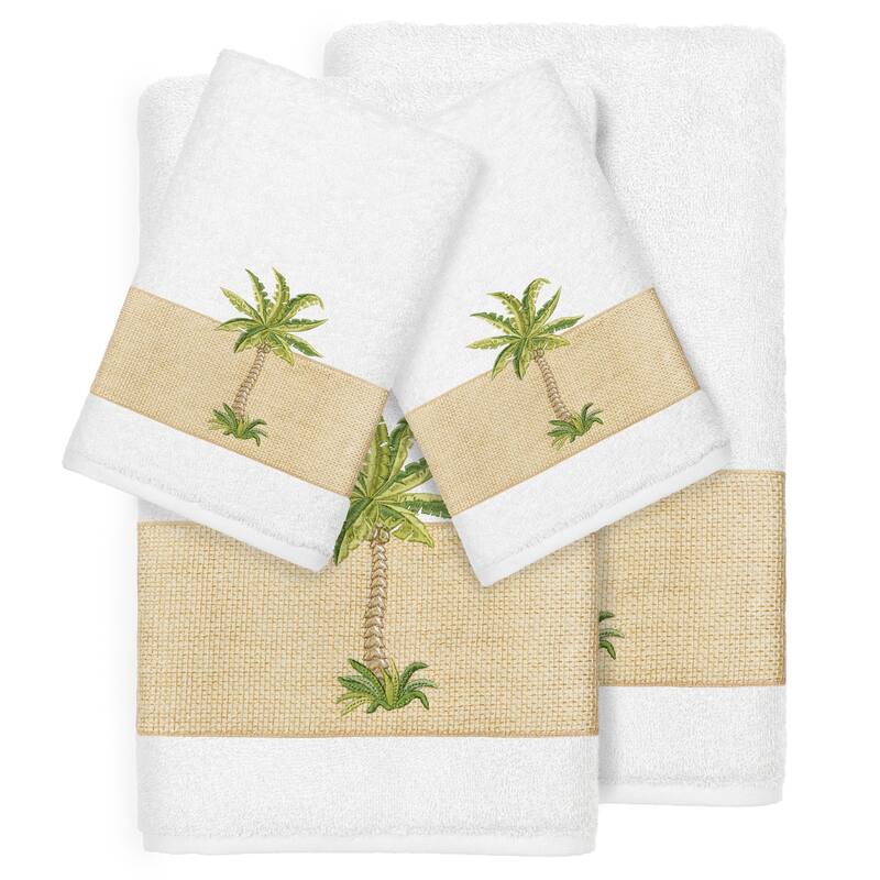 Authentic Hotel and Spa Turkish Cotton Palm Tree Embroidered White 4-piece Towel Set