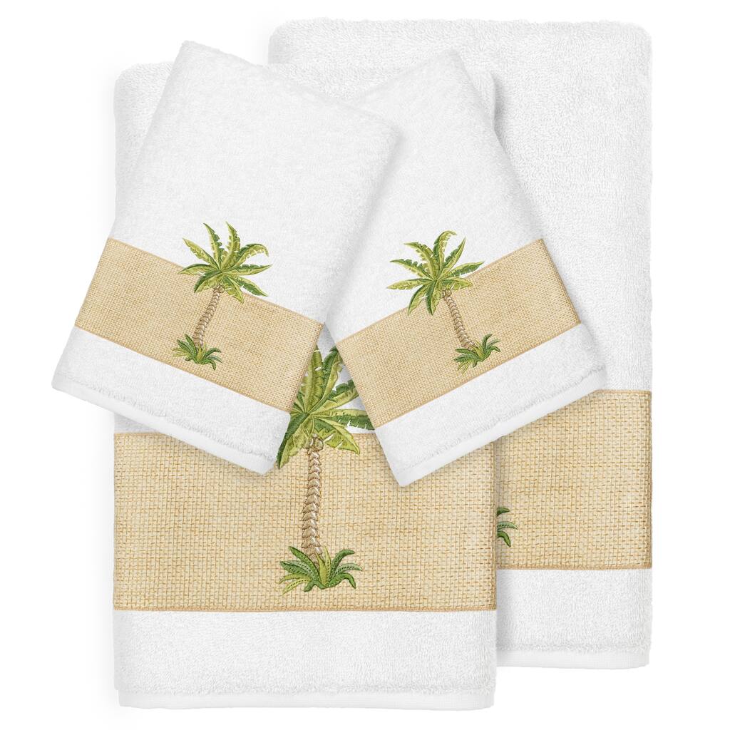 Authentic Hotel and Spa Turkish Cotton Palm Tree Embroidered White 4-piece Towel Set