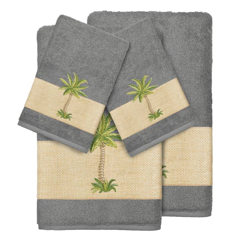 Authentic Hotel and Spa Turkish Cotton Palm Tree Embroidered Charcoal Grey 4-piece Towel Set