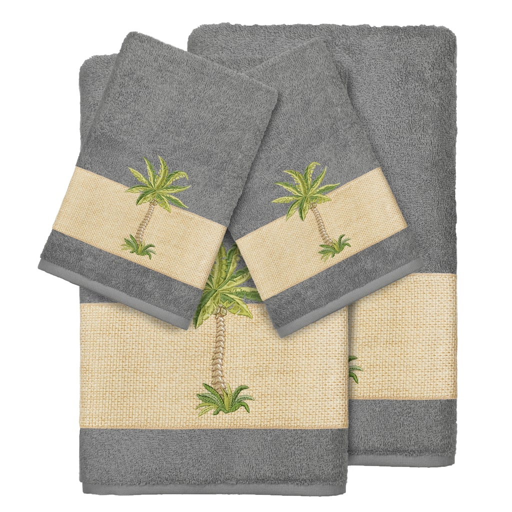 Authentic Hotel and Spa Turkish Cotton Palm Tree Embroidered Charcoal Grey 4-piece Towel Set