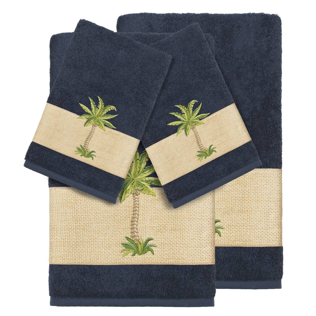 Authentic Hotel and Spa Turkish Cotton Palm Tree Embroidered Midnight Blue 4-piece Towel Set