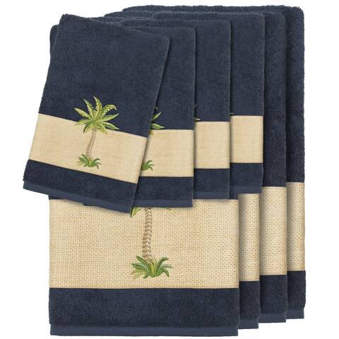 Authentic Hotel and Spa Turkish Cotton Palm Tree Embroidered Midnight Blue 8-piece Towel Set