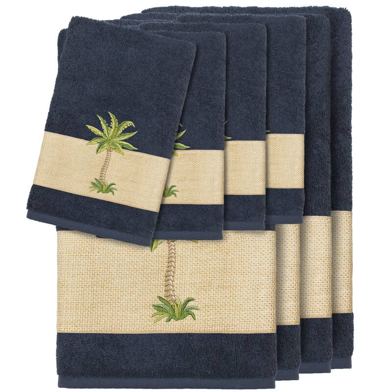 Authentic Hotel and Spa Turkish Cotton Palm Tree Embroidered Midnight Blue 8-piece Towel Set