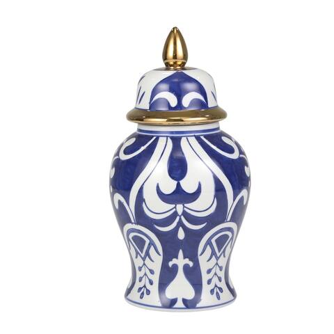 Sagebrook Home Ceramic Temple Jar W/ Gold Accent, Blue/White