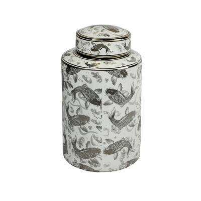 Sagebrook Home Ceramic Covered Jar W/ Koi Motif, Silver/White