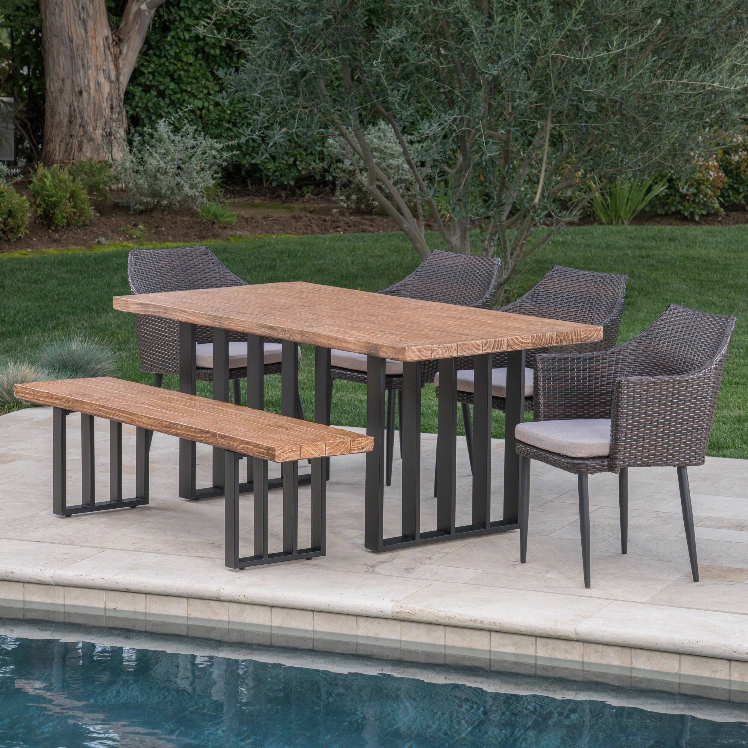 Micah Outdoor Wicker Light Weight Concrete Dining Set with Cushions by