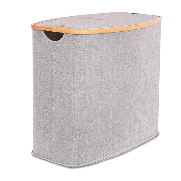 BirdRock Home Bamboo & Canvas Hamper Double Laundry Basket with Lid
