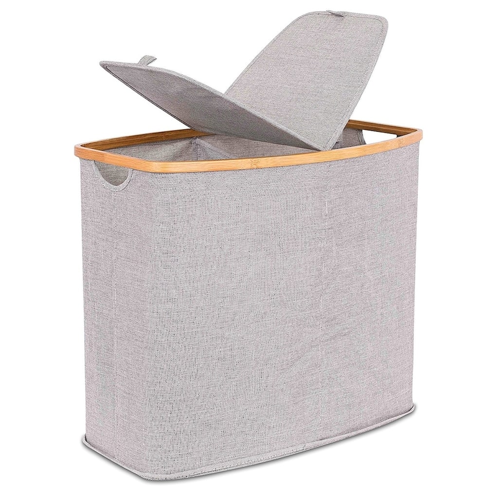 BirdRock Home Bamboo & Canvas Hamper | Double Laundry Basket with Lid | Divided Foldable Hamper | Cut Out Handles