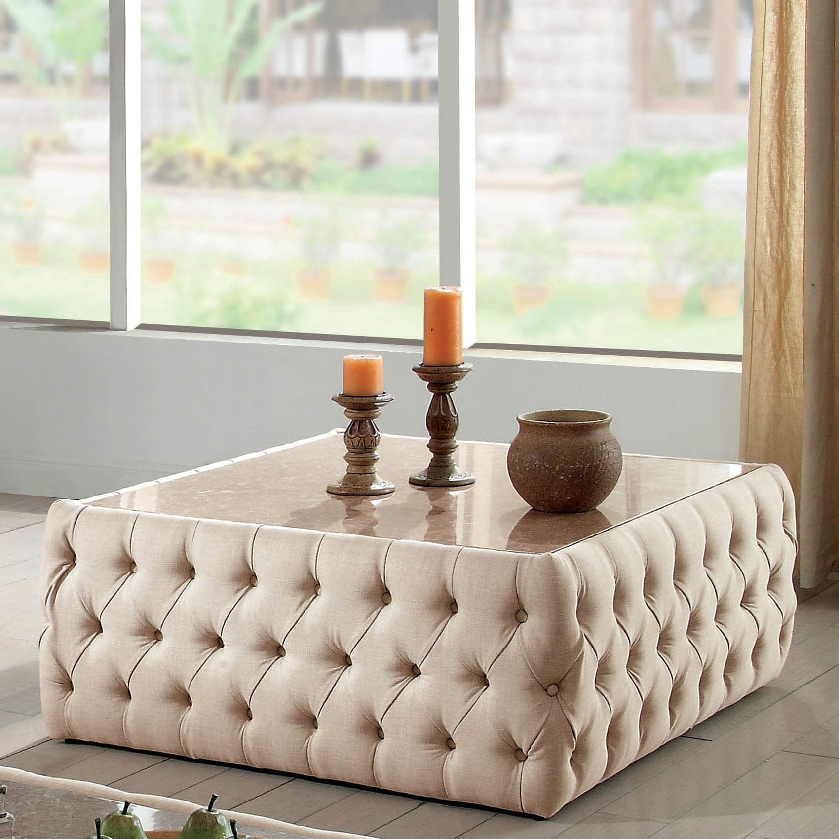 FOA Elise Transitional Beige Button Tufted Square Coffee Table
