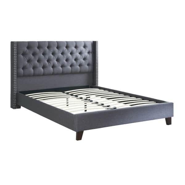 Polyfiber Upholstered Queen Size Bed Featuring Nail head Trim Blue Gray ...