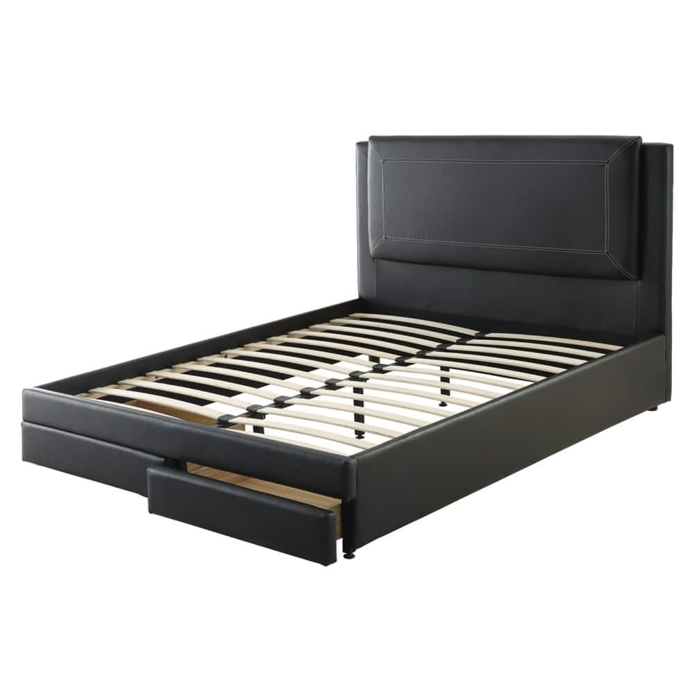 Pine Wood/ Bonded Leather Queen Size Bed in Black