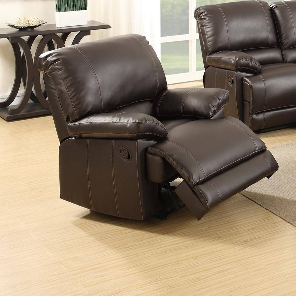 Faux Leather Upholstered Metal Rocker Recliner with Contrast Stitching , Espresso Brown
