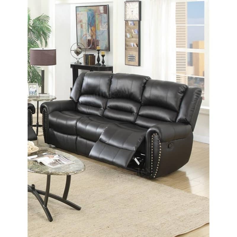 Relaxed Drama Bonded Leather & Plywood Reclining Sofa, Black