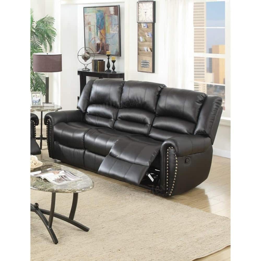 Relaxed Drama Bonded Leather & Plywood Reclining Sofa, Black
