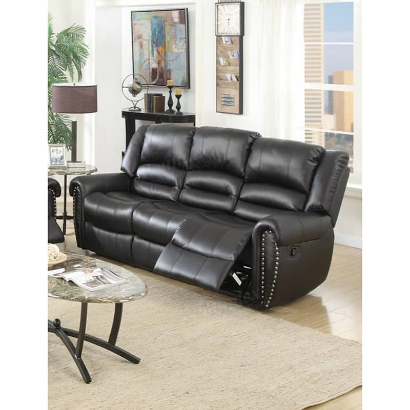 Relaxed Drama Bonded Leather & Plywood Reclining Sofa, Black