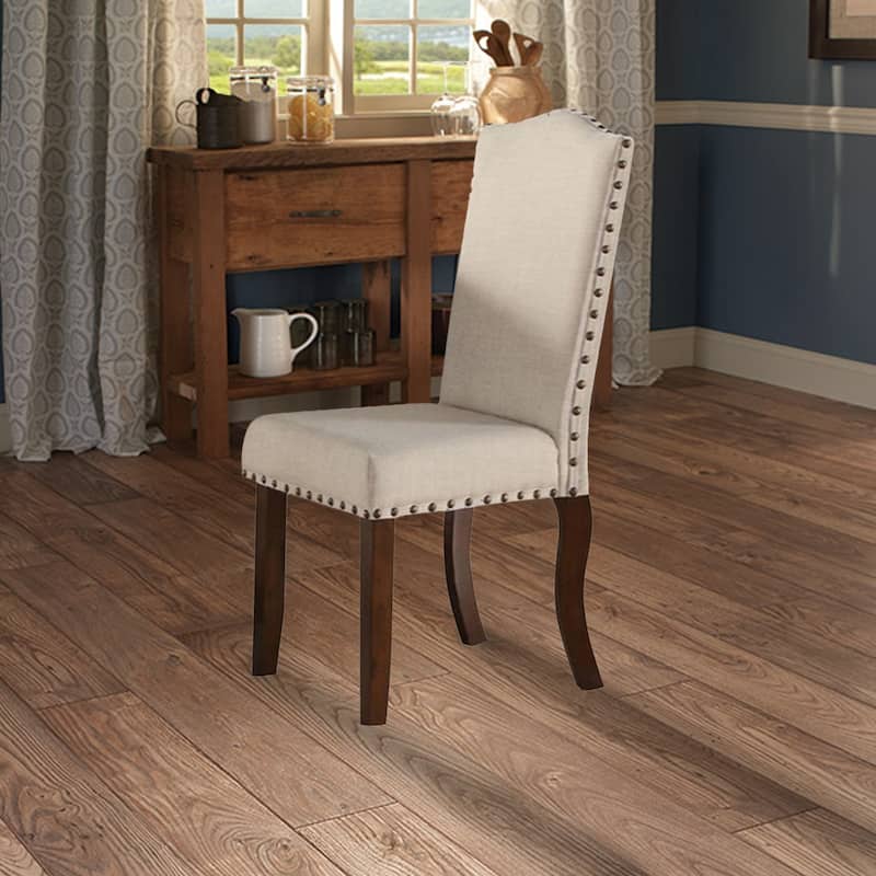 Rubber Wood Dining Chair With Nail Head Trim, Set Of 2, Brown And Cream