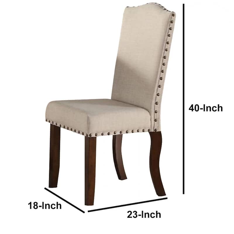 Rubber Wood Dining Chair With Nail Head Trim, Set Of 2, Brown And Cream