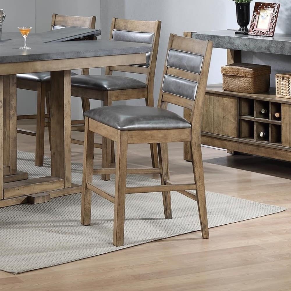 Designer Rubber Wood High Chairs With Foot Rest Set Of 2 Brown and Gray