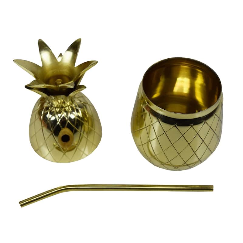 Brass Gold Pineapple Tumbler Shaker Mug with Straw and Rubber Seal