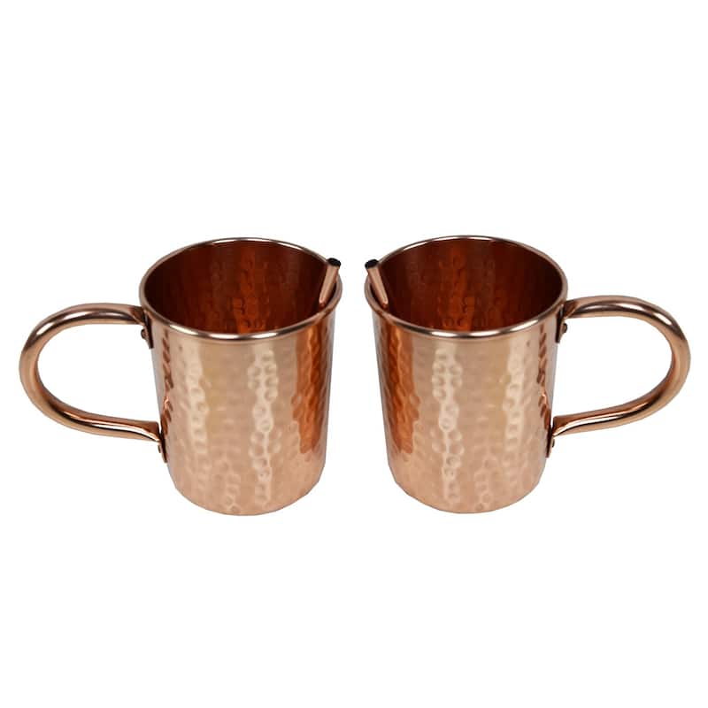 Solid Straight Pair of 100% Copper Moscow Mule Mugs and Two Straws