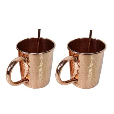 Solid Straight Pair of 100% Copper Moscow Mule Mugs and Two Straws