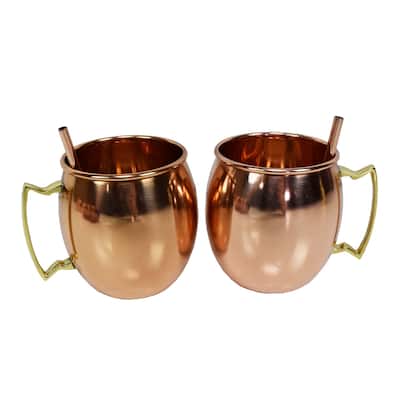 Solid Round Pair of 100% Copper Moscow Mule Mugs and Two Copper Straws