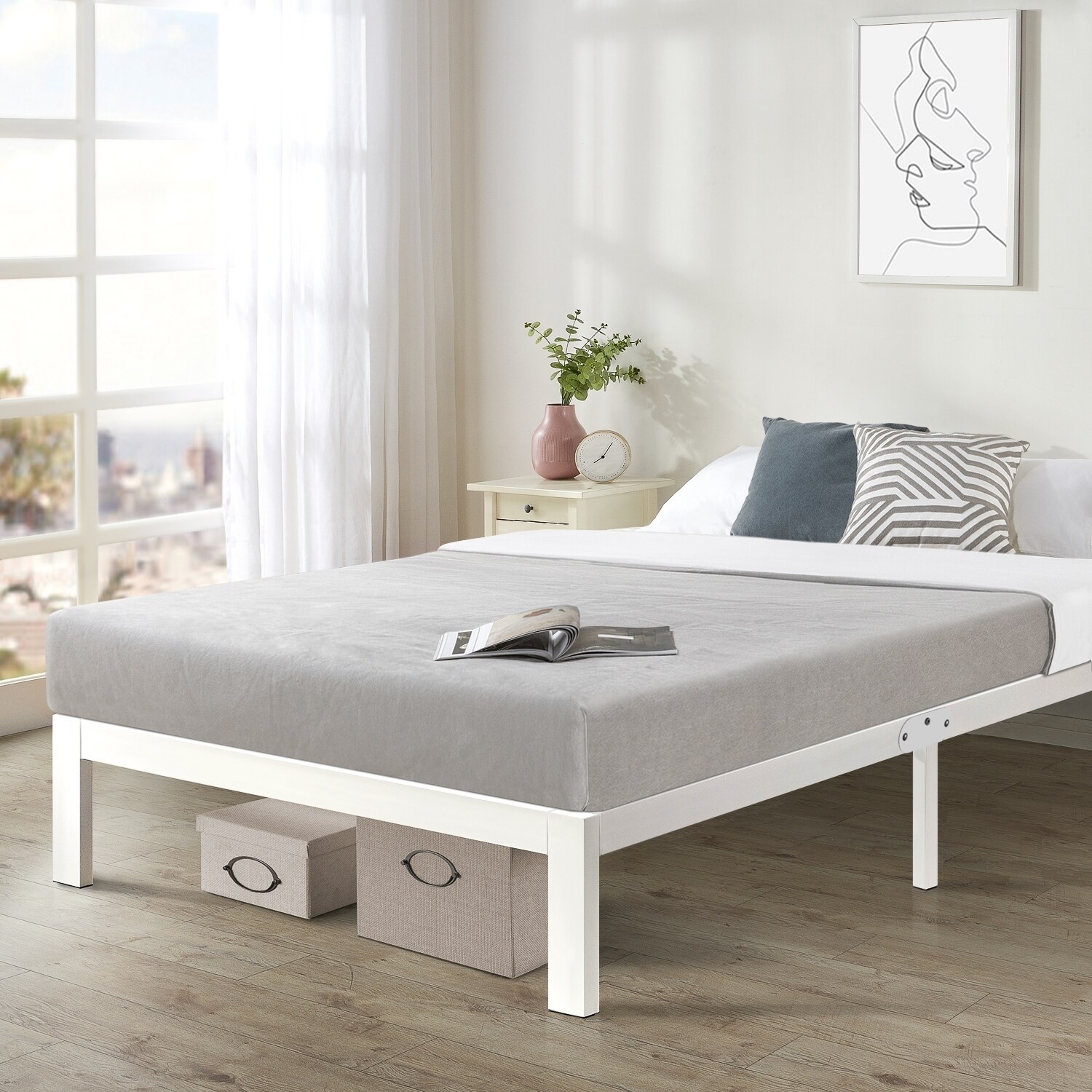 Queen Size Heavy Duty Bed Frame Steel Slat Platform Series Titan E White Crown Comfort