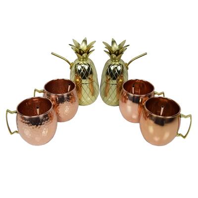 Six Piece Party Set of Moscow Mule Mugs, Pineapple Cups and Straws