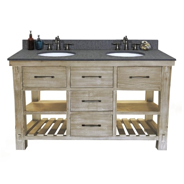 60 Rustic Solid Fir Double Sink Vanity In Distressed Driftwood Finish With Polished Textured Granite Top No Faucet