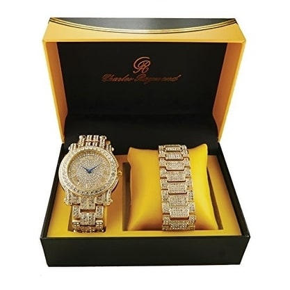 Rapper's Ice'd Out Watch and Matching Bracelet Mens Hip Hop Bling Bling Gold Tone Simulated Diamond Watch & Bracelet Gift Set