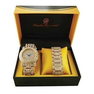 Rapper's Ice'd Out Watch and Matching Bracelet Mens Hip Hop Bling Bling Gold Tone Simulated Diamond Watch & Bracelet Gift Set