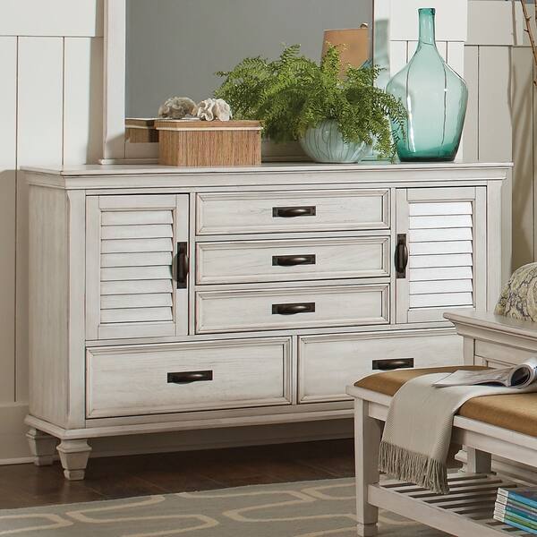 slide 2 of 3, Franco Antique White 5-drawer Dresser with Louvered Panel Doors