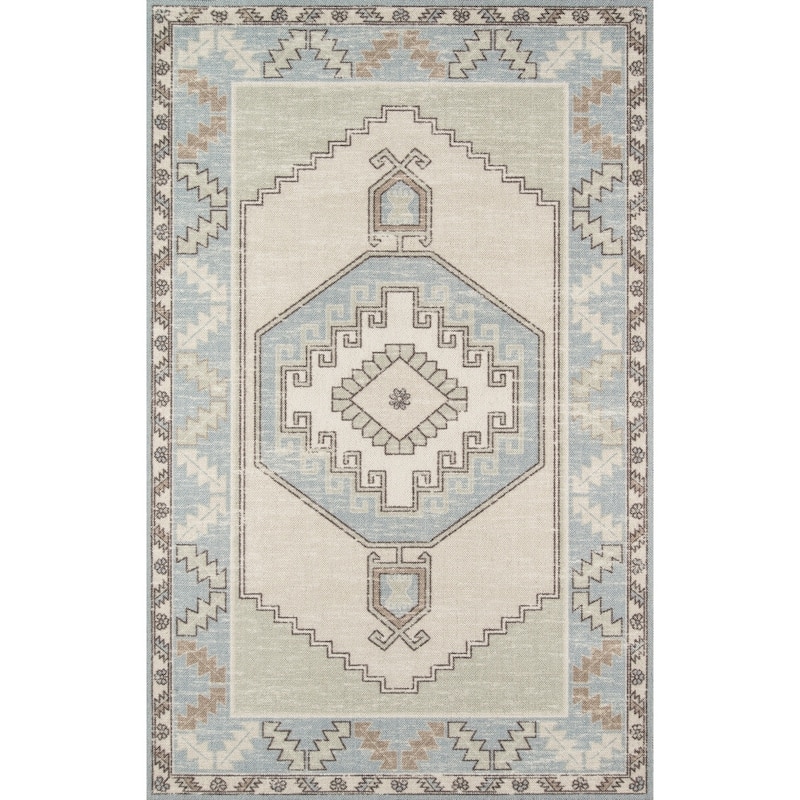 Momeni Anatolia Wool and Nylon Traditional Medallion Area Rug - Light Blue - 9'9" x 12'6"