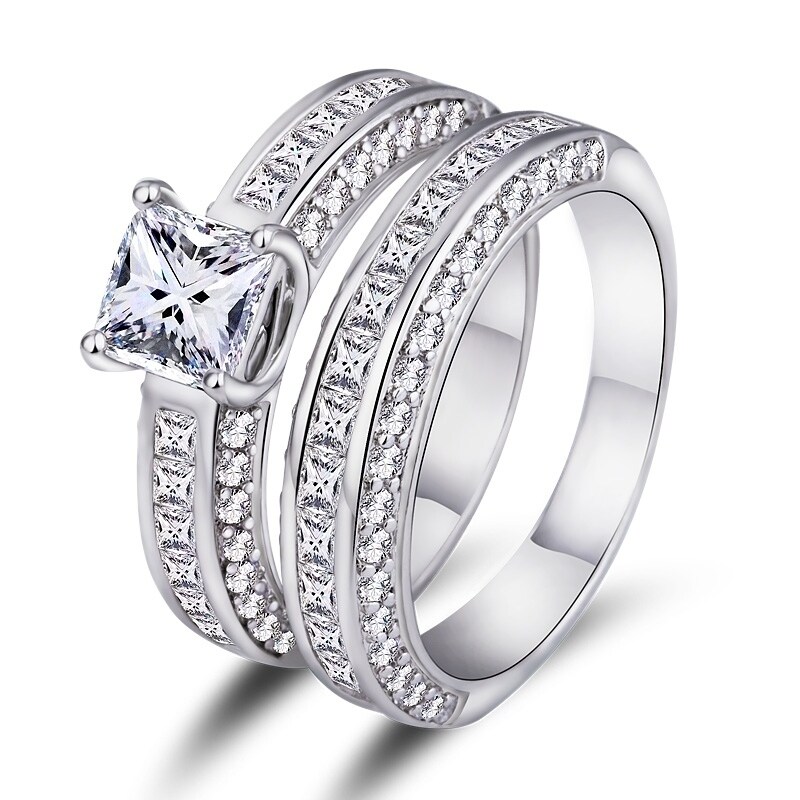 Shop White Gold Plated Cubic Zirconia Princess Cut Double Band