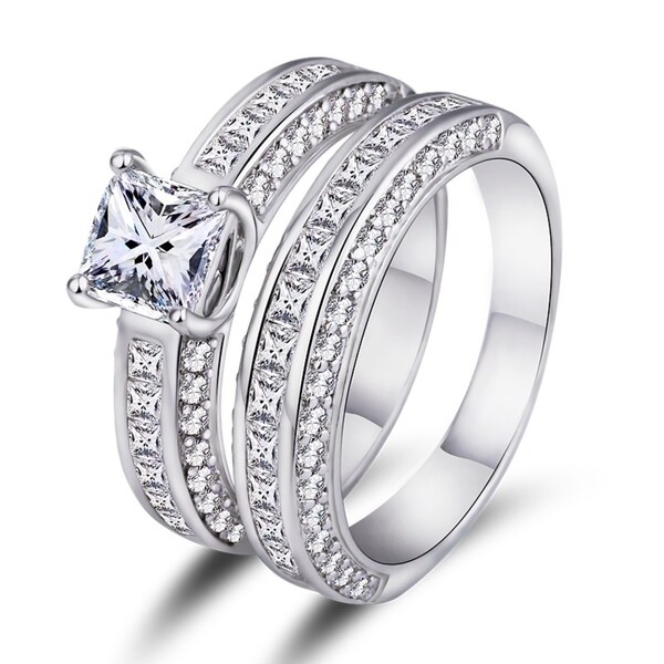 White Gold Plated Cubic Zirconia Princess Cut Double Band Engagement White Gold Plated Cubic Zirconia Princess Cut Double Band Engagement Ring Set