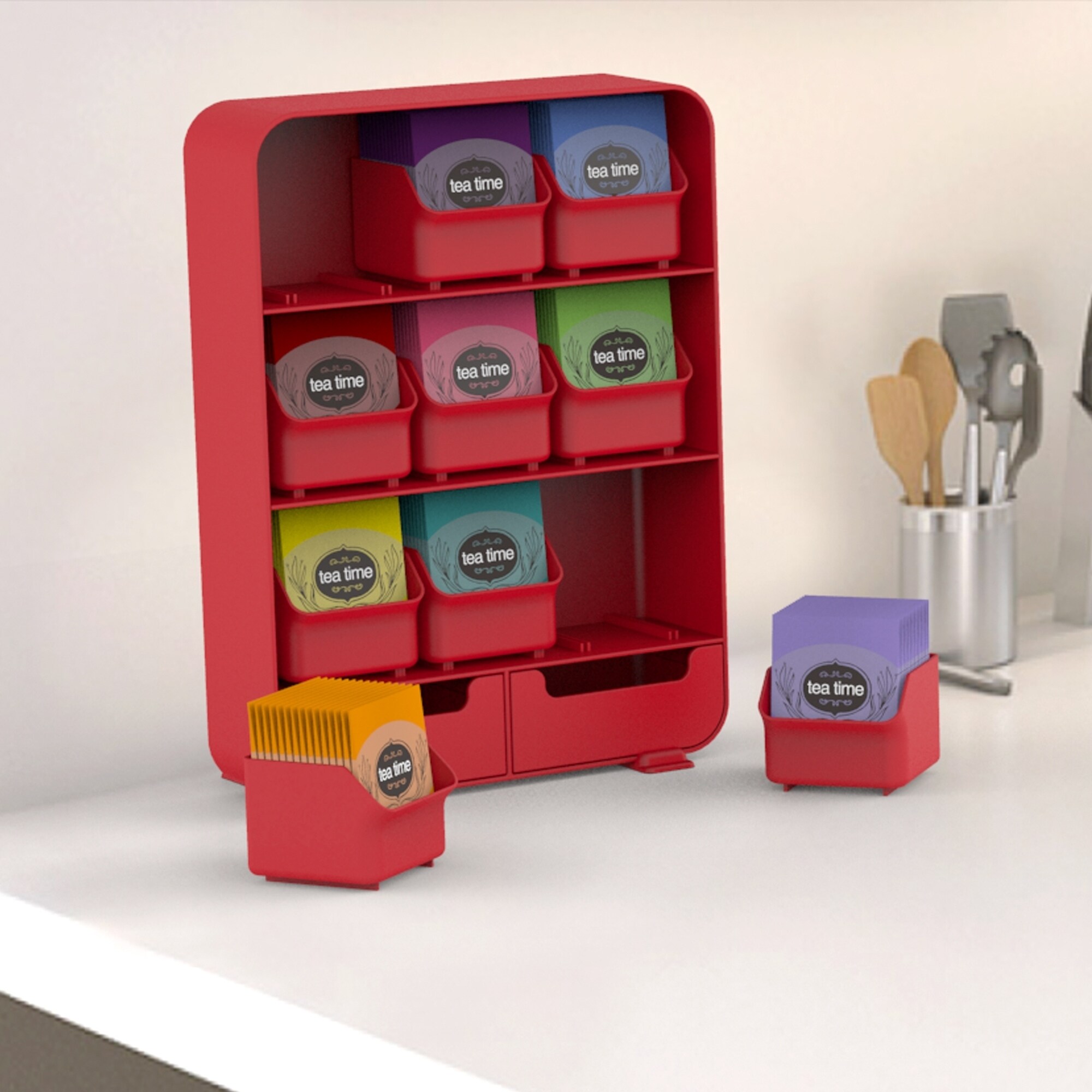 Red Mind Reader 9 Removable Drawers Tea Bag Holder and Condiment Organizer 