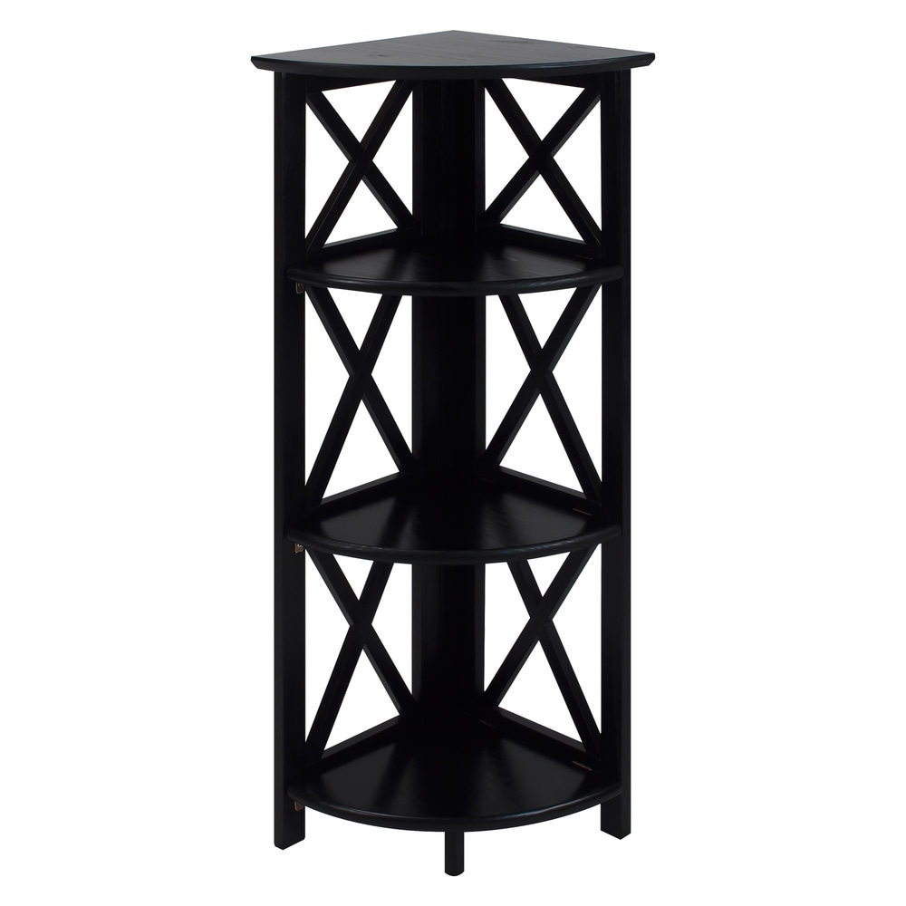 A black corner shelf unit with three rounded shelves and crisscross side panels, triangular accents.